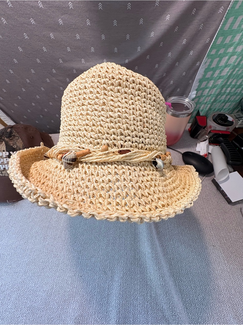 Natural Straw Wide-Brim Sun Hat with Decorative Beaded Band - Picture 2 of 5